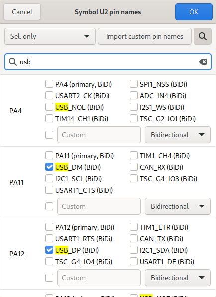 Screenshot of the pin name assignment dialog, searching for usb. Pins PA4, PA11 and PA12 are shown. In the alternate functions, USB is highlighted.